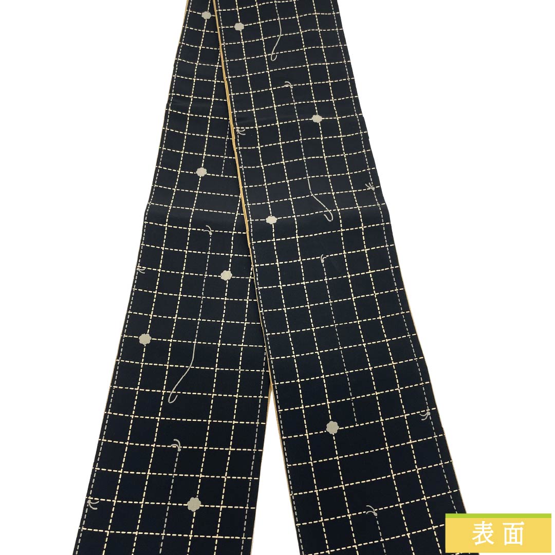 リサイクル着物】半幅帯 正絹 Sランク 黒色（くろいろ） 市松 糸 帯丈