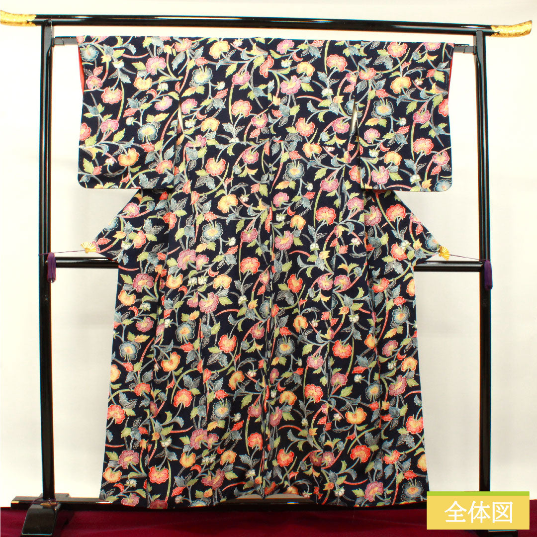 小紋 正絹 身丈155cm 裄丈62.5cm 袷 紺桔梗色 京紅型 草花模様 Bランク 紺系 1115003784318