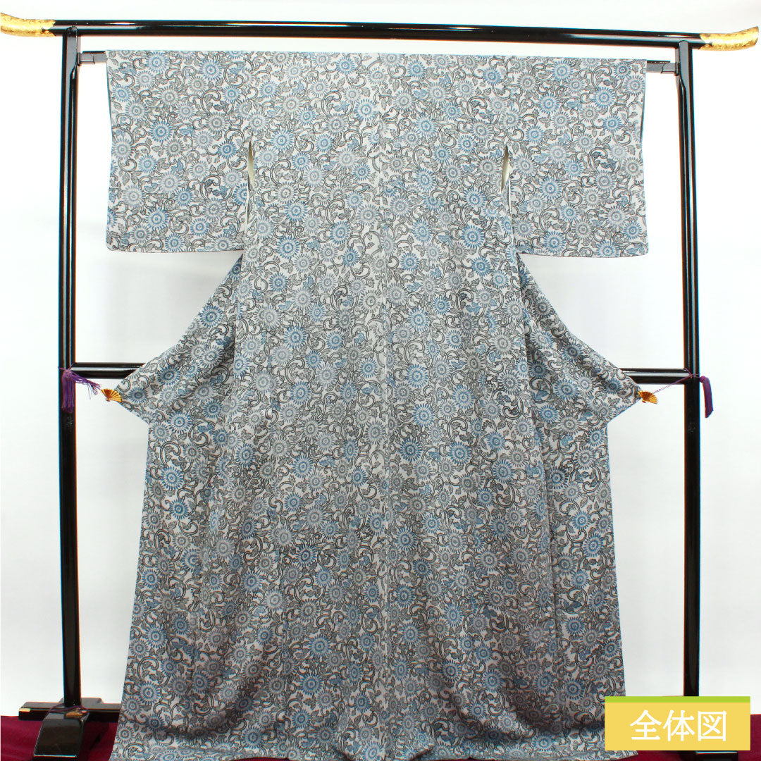 小紋 正絹 身丈172cm 裄丈64cm 袷 白銅色 京紅型 菊 Sランク グレー系 1115003572622