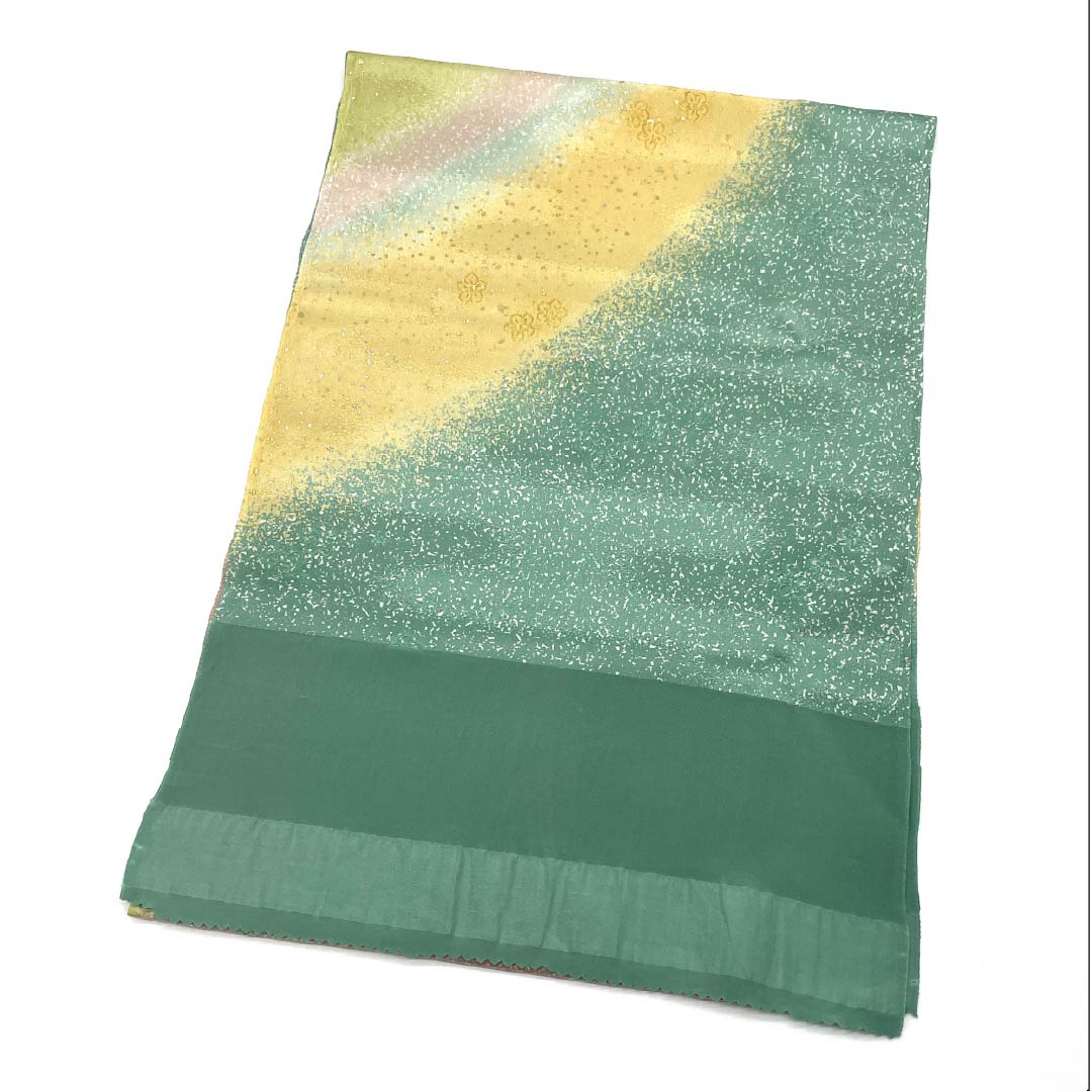 帯揚げ 正絹 セミフォーマル 岩緑青色(いわろくしょういろ) たたき染め風 グラデーション 花柄 長さ約176cm 幅約30cm Sランク 緑系 1136000632919