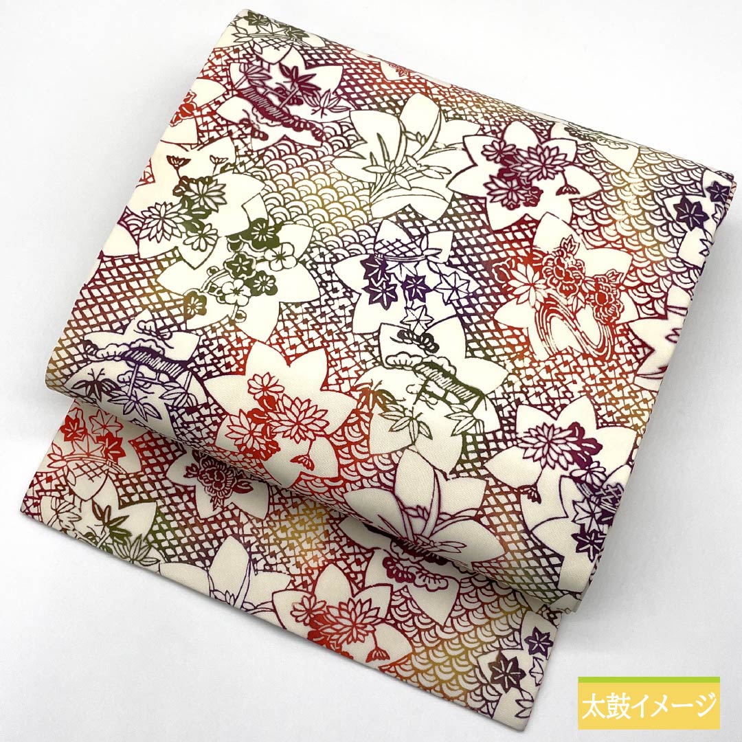 Nagoya obi, stencil-dyed, autumn leaves, chrysanthemums, obi length 377cm, pure silk, S rank, full-length, casual, white, 1124007762311, Nagoya-made