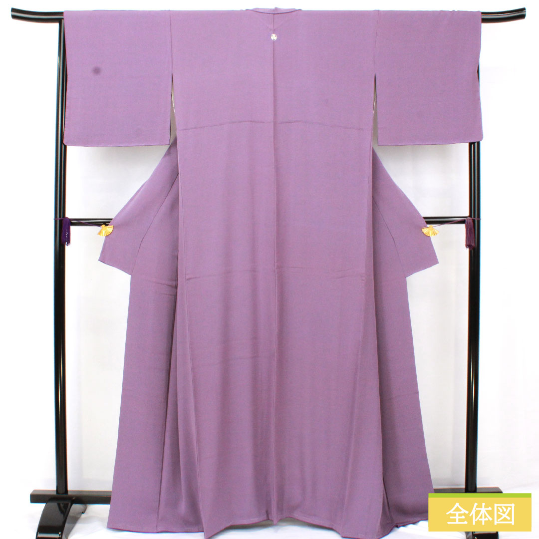 色無地 正絹 身丈164cm 裄丈68cm 葵色(あおいいろ) 紬地 一つ紋 丸に三ツ星 袷 Aランク 紫系 1114001933420