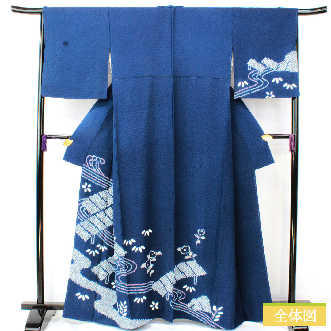 訪問着 正絹 袷 身丈160cm 裄丈66cm 紺瑠璃色(こんるりいろ) 部分絞り 抽象模様 Aランク 紺系 1112005663418