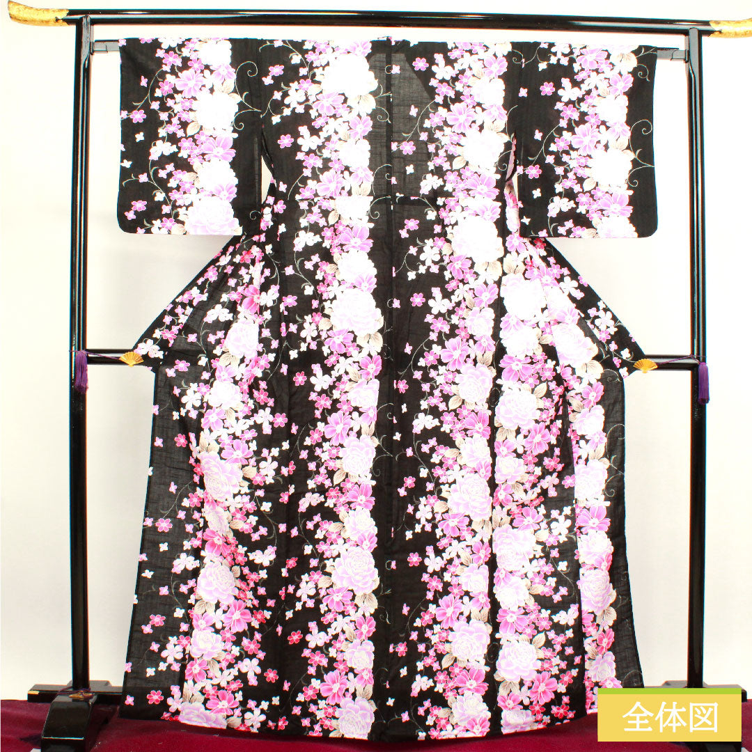 Yukata Cotton Length 165.5cm Sleeve length 64.5cm S rank Single layer Black Rose Cherry blossom 1118004512510