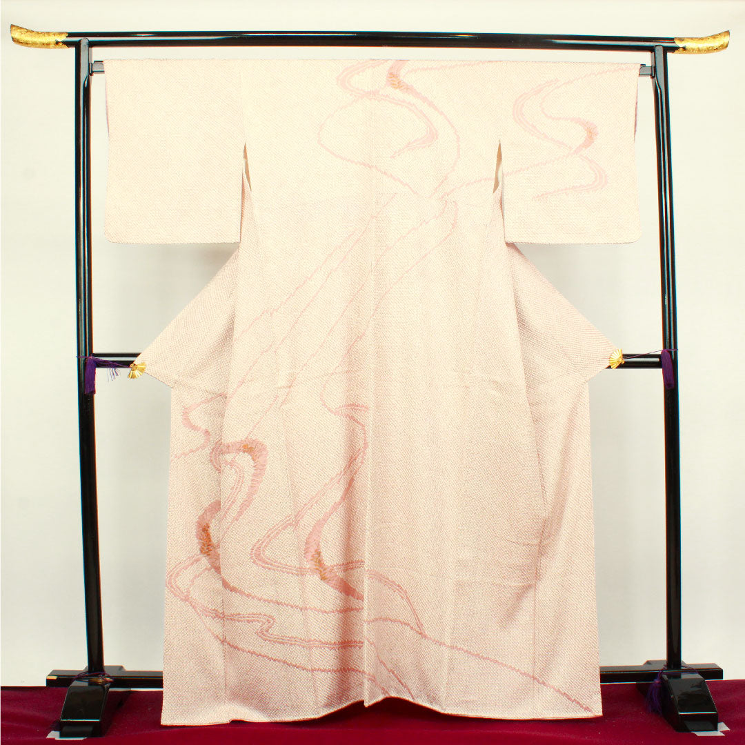 訪問着 袷 身丈165cm 裄丈65cm 鴇浅葱色 絞り 流水 正絹 Aランク ピンク系 1112002353513