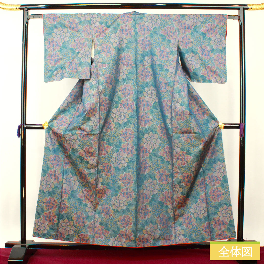 紬 正絹 身丈159cm 裄丈62cm 大島紬 緯総絣 草花模様 Sランク 袷 青系 1116003662317