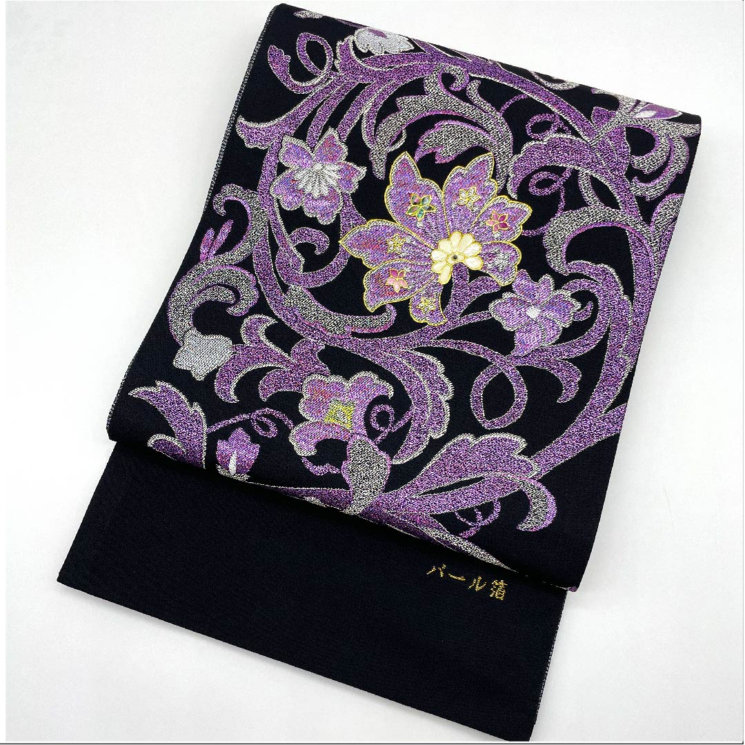 (未仕立)袋帯 黒色 花唐草 藤本隆士 螺鈿作家 西陣京都イシハラ 帯丈472cm 正絹 NEWランク 六通 フォーマル 黒系 1123009061410