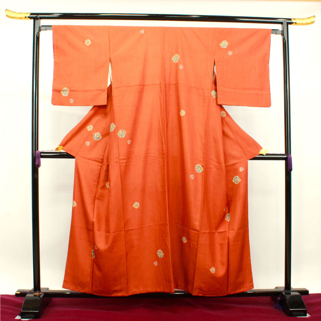 Tsumugi, Length 157cm, Sleeve length 65cm, Orange, Abstract pattern, Pure silk, S rank, Lined, Brown, 1116002802314