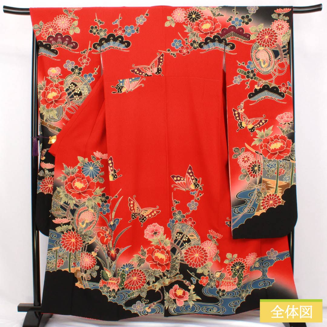 振袖 正絹 Sランク 身丈161.5cm 裄丈67.5cm 袷 赤色(あかいろ) 京紅型 吉祥文様 松竹梅 蝶 鼓 赤系 1113002722412