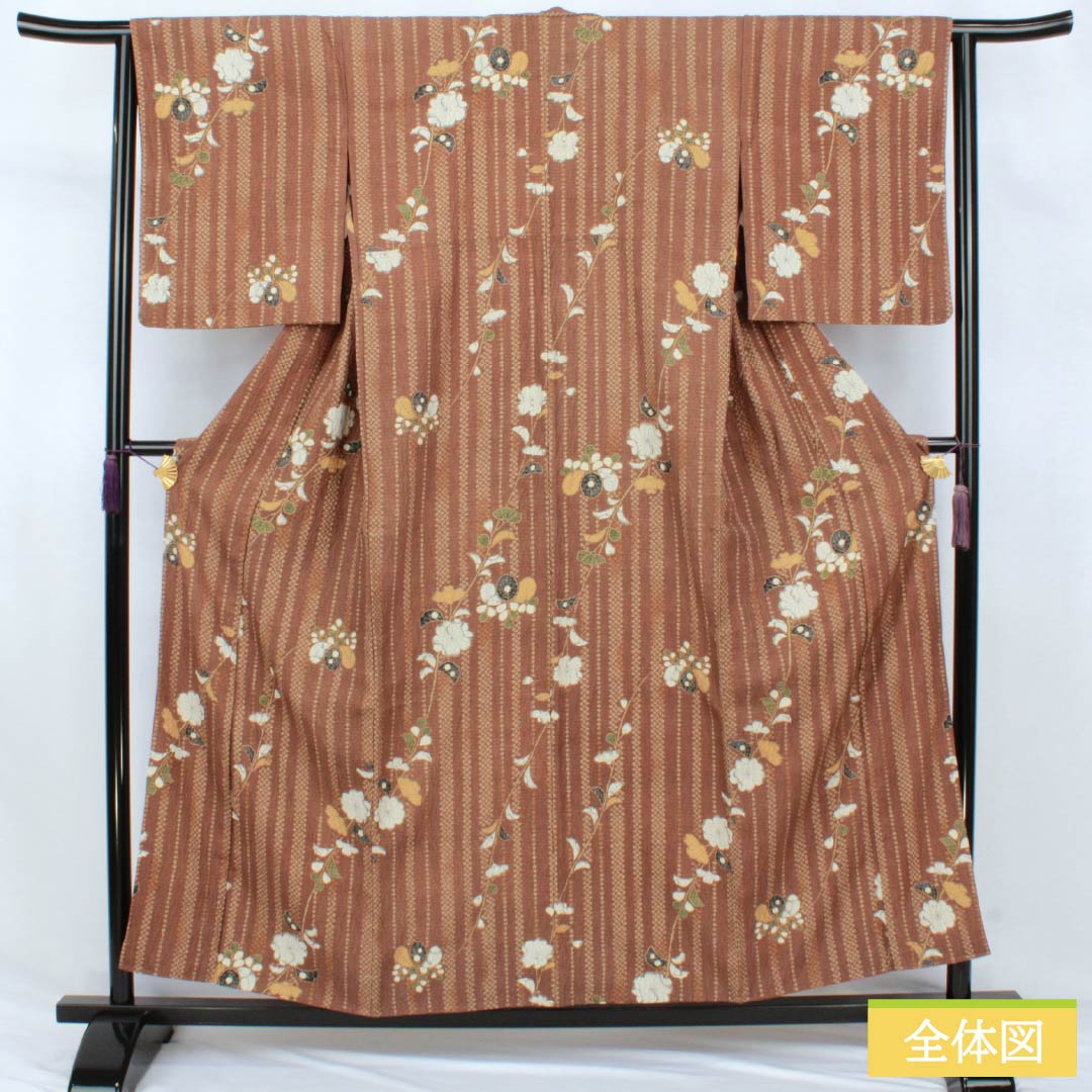 小紋 正絹 Aランク 身丈156.5cm 裄丈64cm 袷 杉染色(すぎそめいろ) 型染 辻ヶ花 背抜き仕立て 茶系 1115007843314