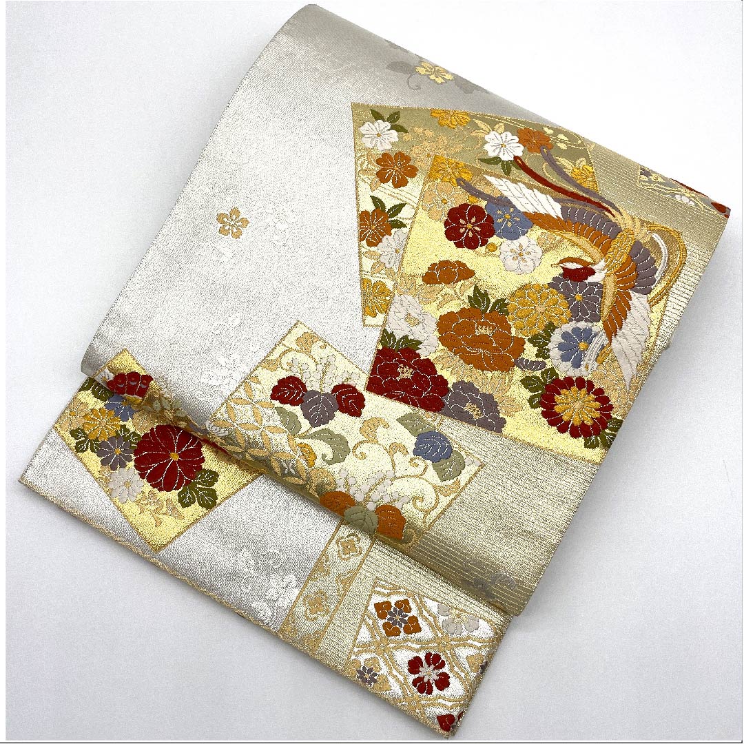 袋帯 灰白色色(かいはくしょくいろ) 全通箔 鳳凰 吉祥文様 帯丈430cm 正絹 Aランク 六通 フォーマル 銀系 1123007513322