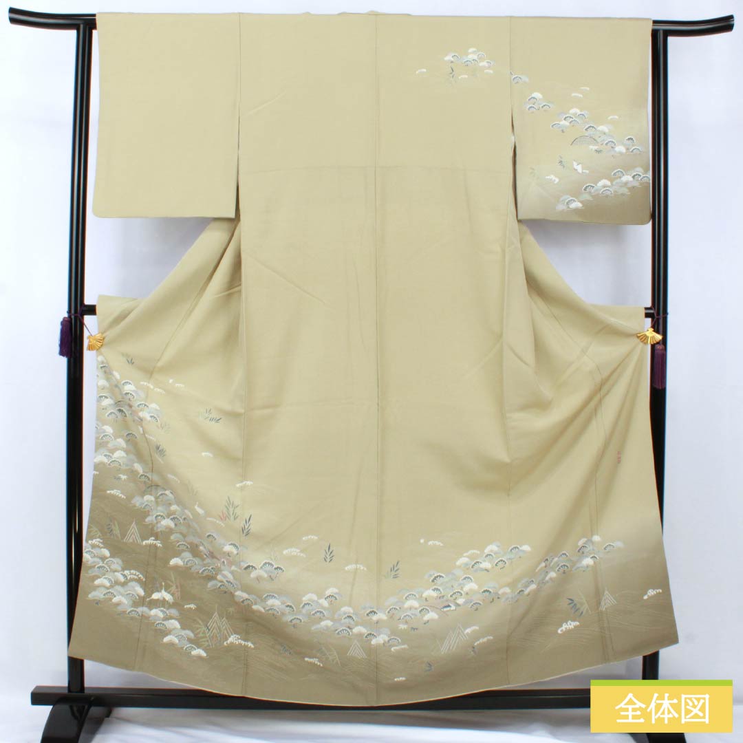 Visiting Kimono, Pure Silk, Grade A, Lined, Length 157.5cm, Sleeve Length 62.5cm, Rikyu White Brown (Rikyu Shirachairo), Kyoto Yuzen, Ivy, Single Crest, Artist's Work, Landscape Pattern, Green, Product Number: 1112007073319