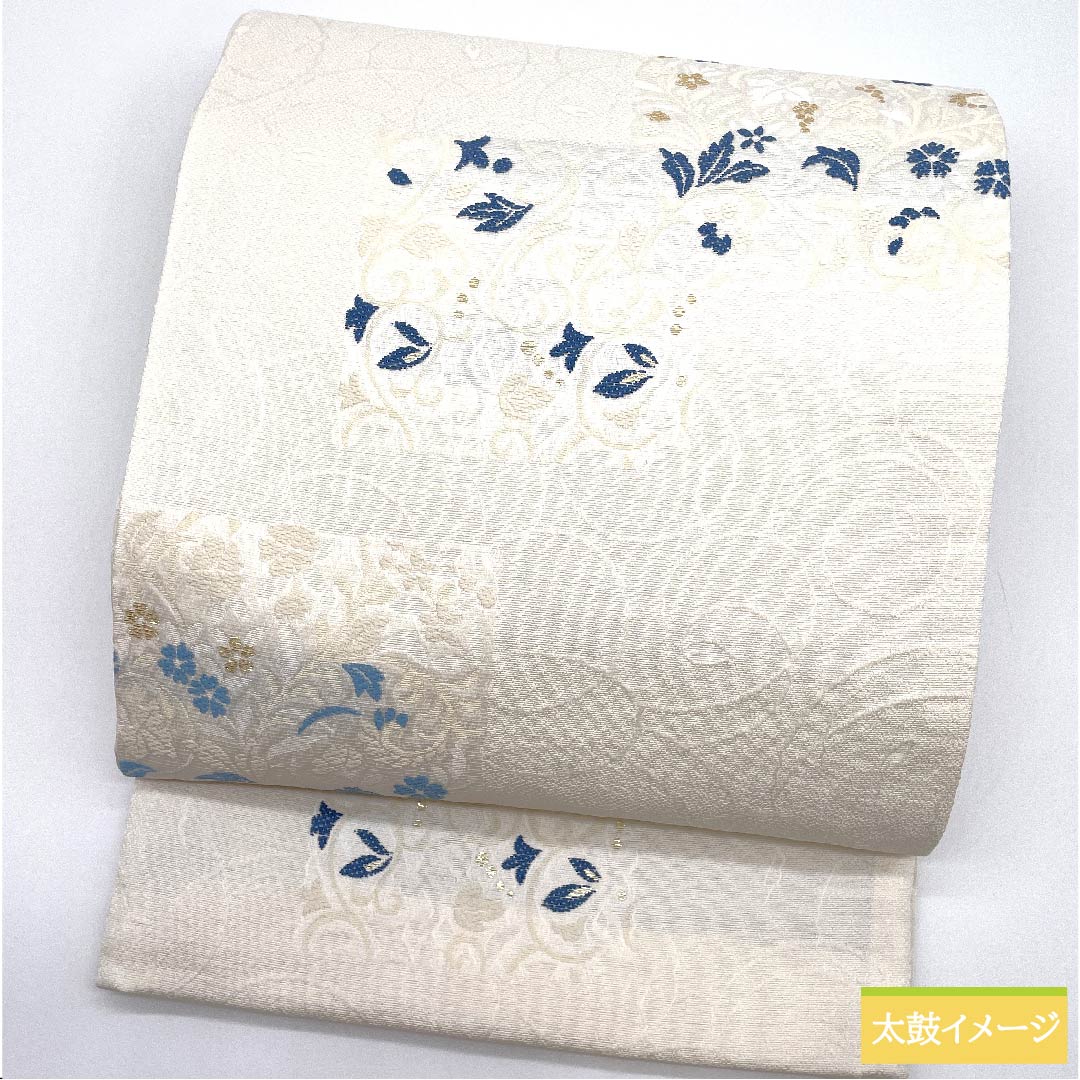 (未仕立)袋帯 正絹 胡粉色(ごふんいろ)小花模様 市松模様 葡萄 帯丈474cm NEWランク 六通 セミフォーマル 白系 1123010641411