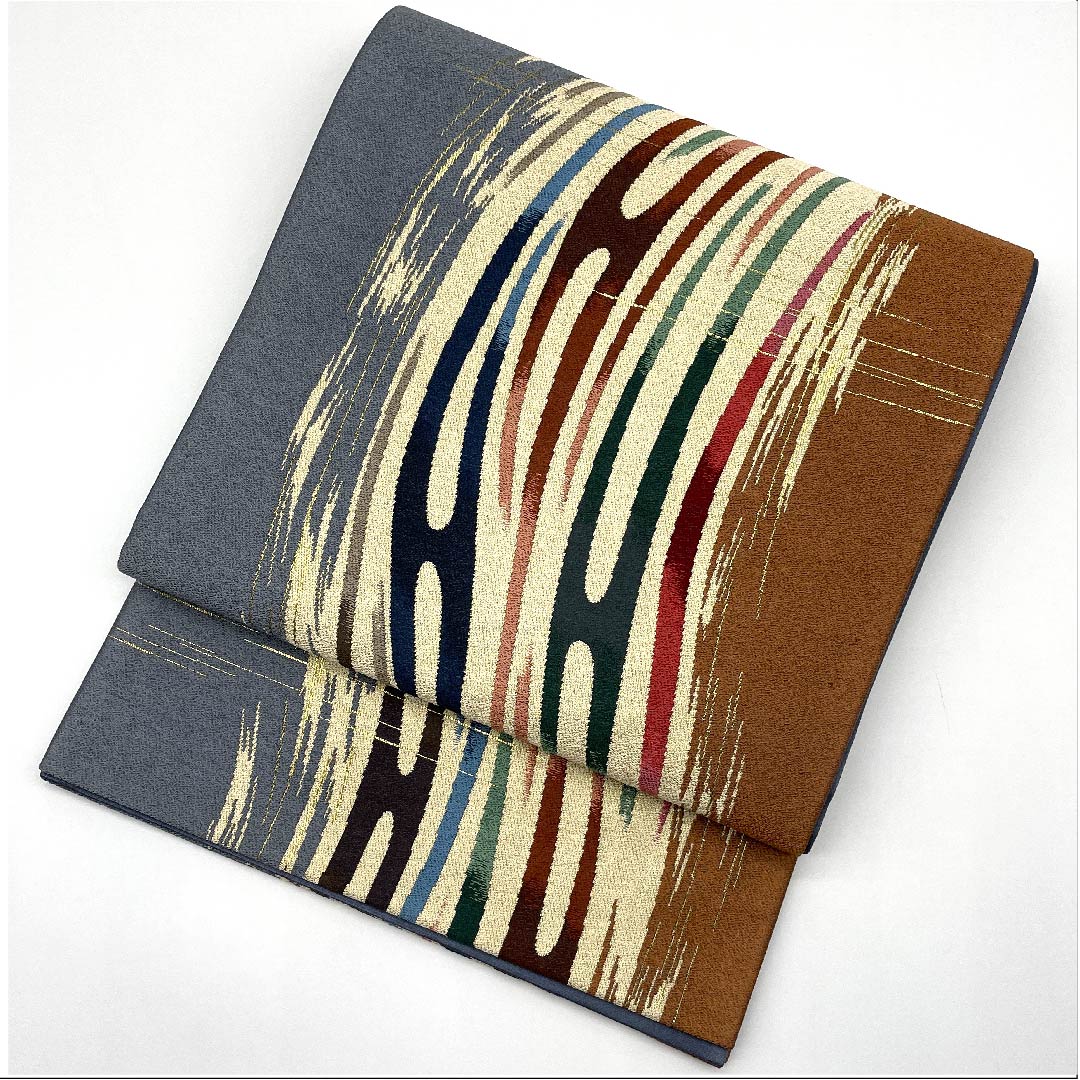 袋帯 赤錆色(あかさびいろ) 白綾苑大庭 幾何学模様 帯丈434cm 正絹 Sランク 六通 カジュアル グラデーション系 1123008802399