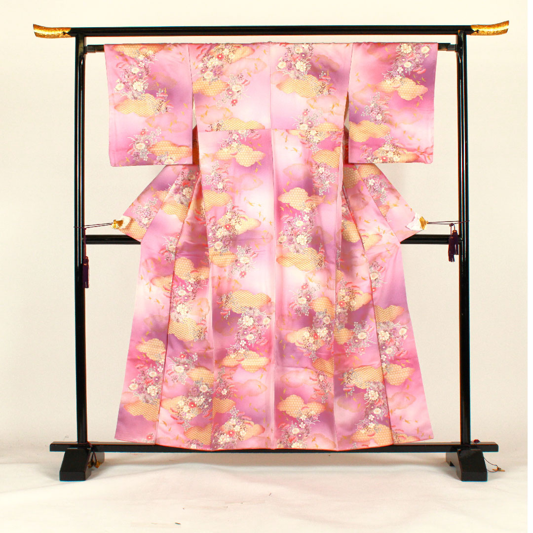 小紋 身丈158cm 裄丈65cm 袷 洗える着物 雲取り 草花模様 ポリ Aランク 紫系 1115001623320