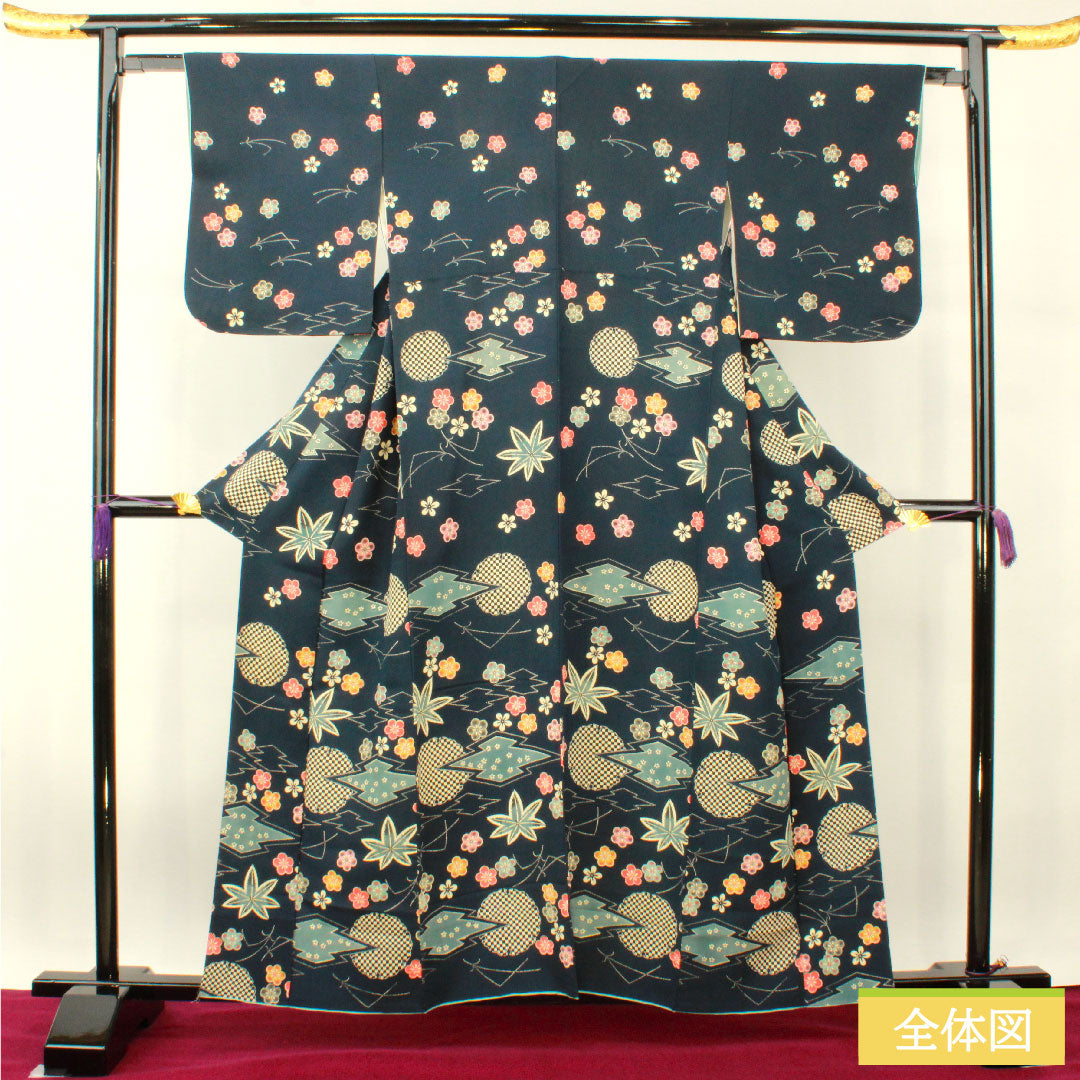 訪問着 正絹 袷 身丈158.5cm 裄丈62cm 濃紺色 小紋付下げ 京紅型 Aランク 紺系 1112003783318