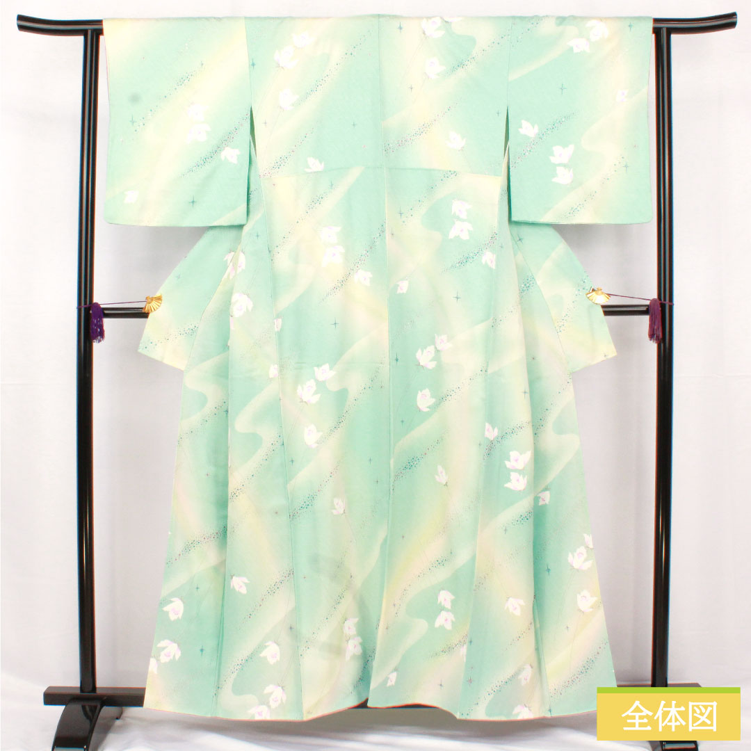 小紋 正絹 身丈157cm 裄丈63cm 袷 抽象花 銀彩加工 Sランク 水色系 1115004902324