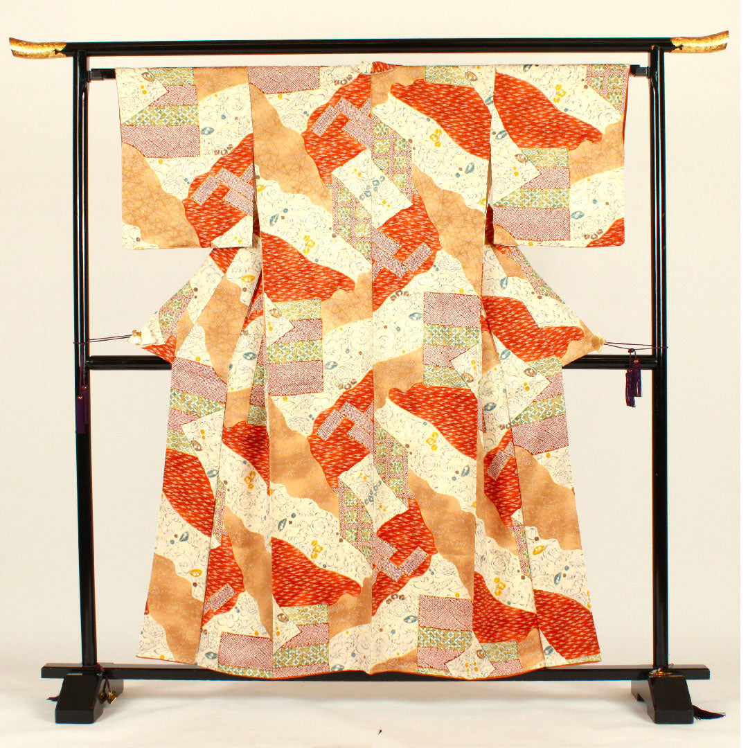 小紋 身丈157cm 裄丈65.5cm 袷 辻ヶ花 七宝 染疋田 正絹 Aランク クリーム系 1115001993315