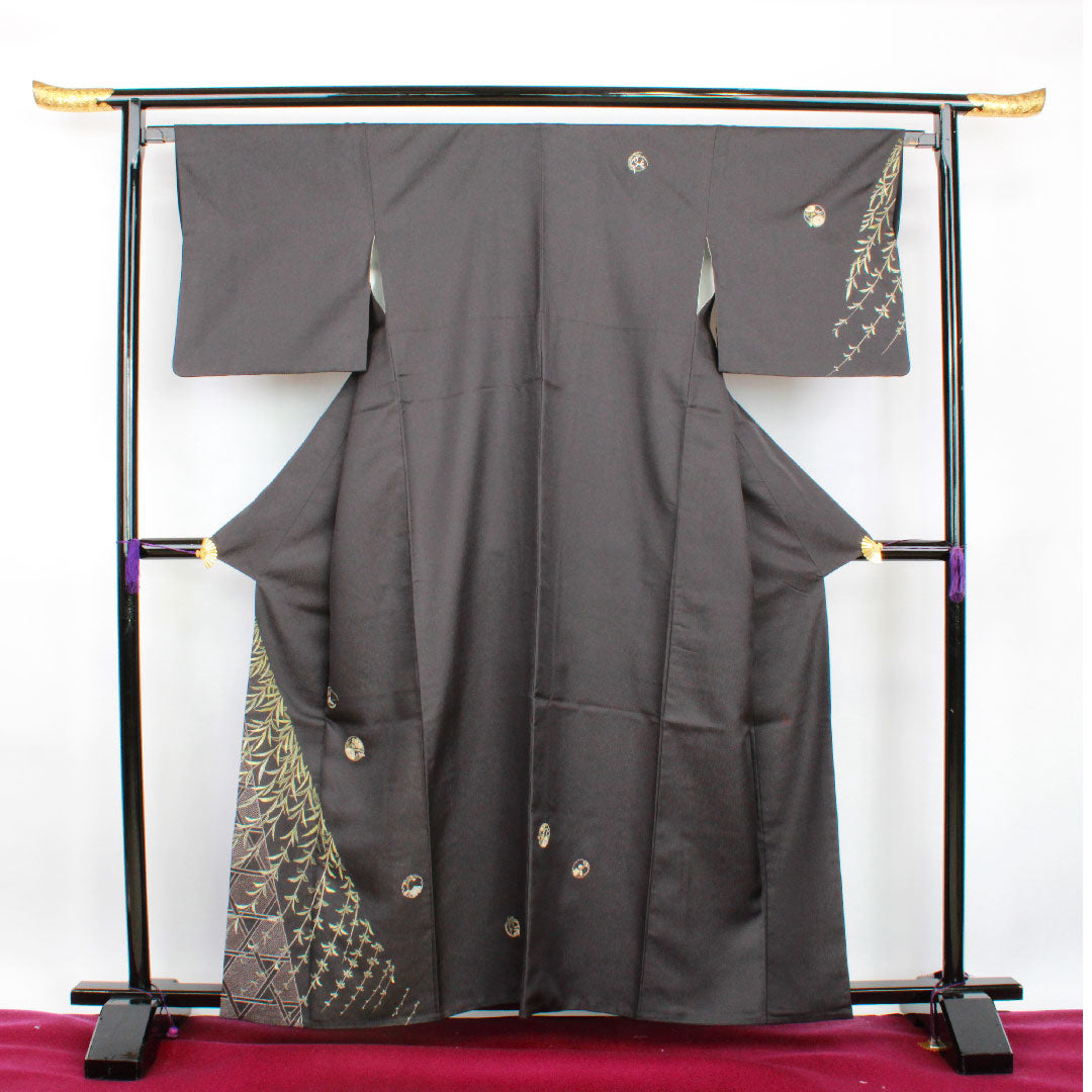 訪問着 袷 身丈160cm 裄丈65cm 汕頭刺繡 相良刺繡 草花模様 正絹 Sランク 黒系 1112001842410