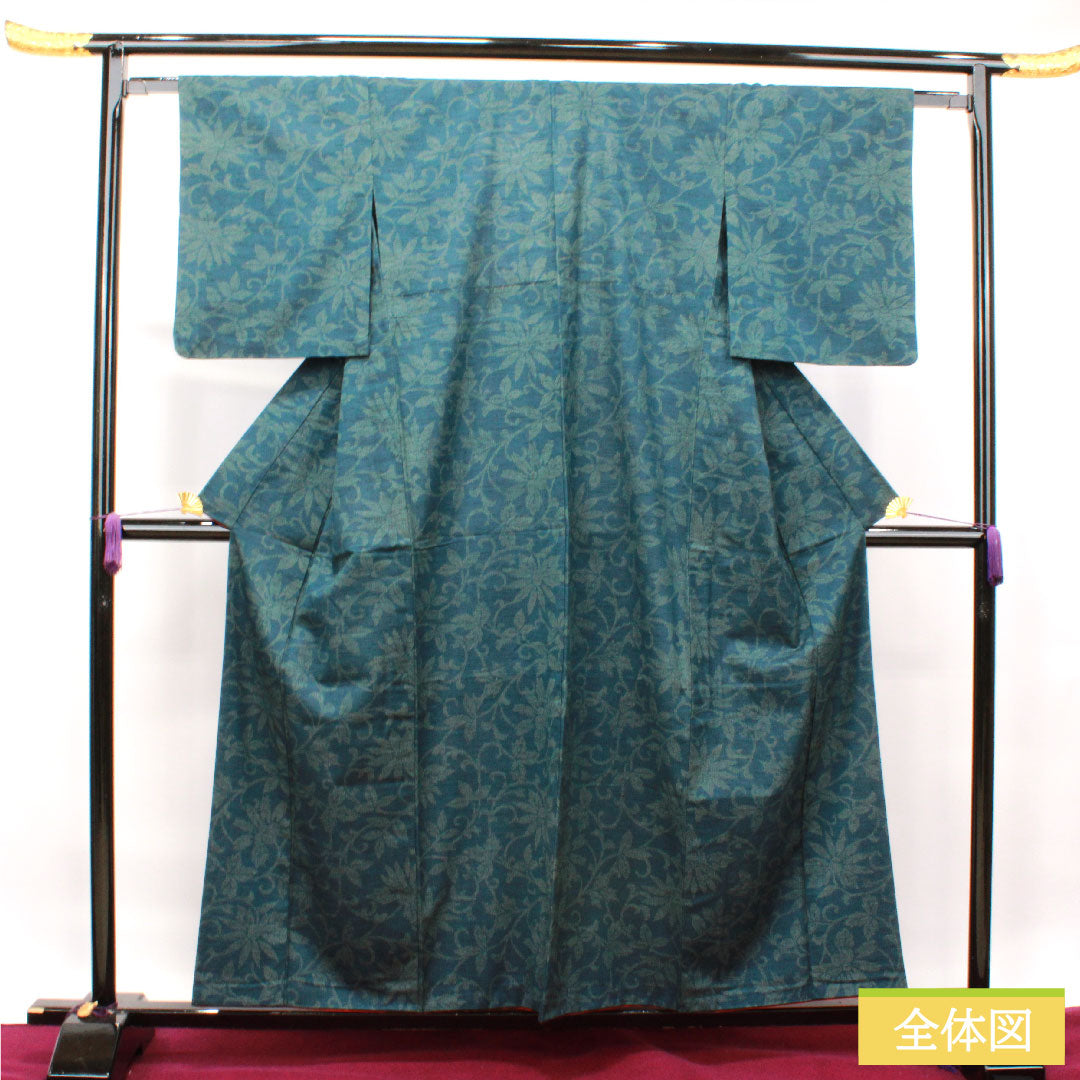 紬 正絹 身丈158cm 裄丈62.5cm 高麗納戸色 草花模様 胴抜き仕立 Sランク 胴抜き 緑系 1116002922319