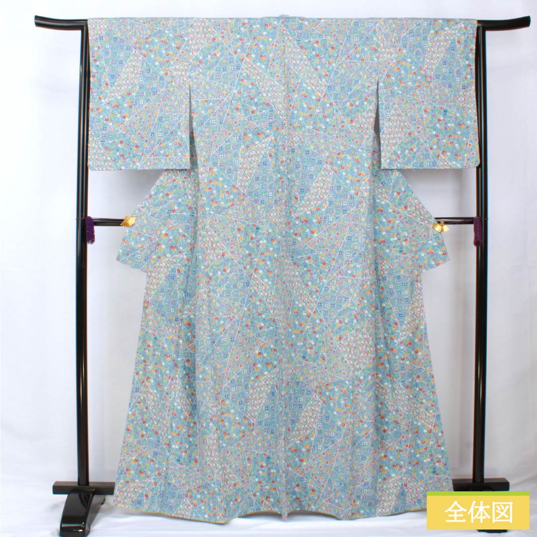 小紋 正絹 身丈164cm 裄丈63.5cm 袷 空色(そらいろ) 型染 割付 しつけ糸付き Sランク 水色系 1115005832424