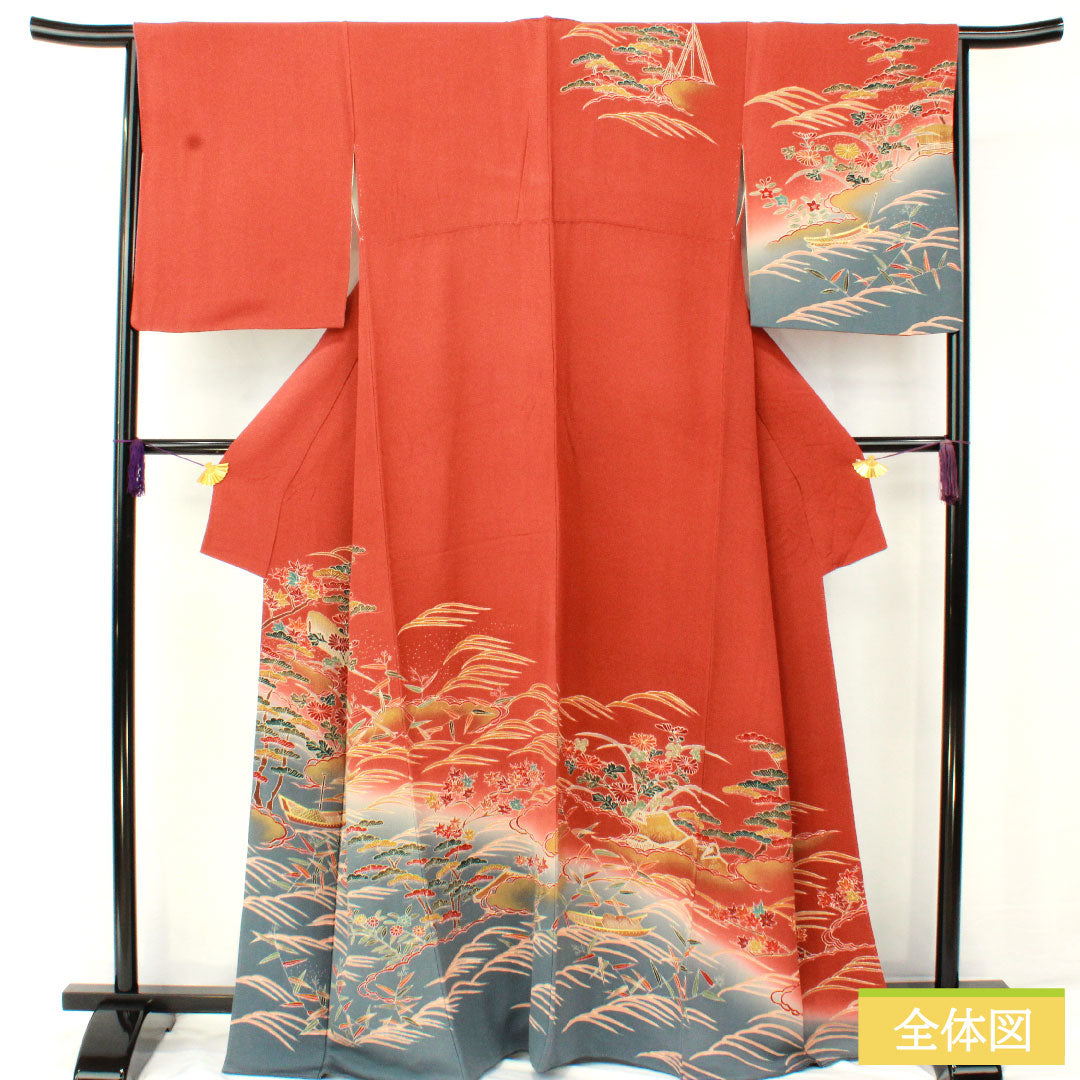 訪問着 正絹 袷 身丈165.5cm 裄丈65cm 弁柄色(べんがらいろ) 京友禅 茶屋辻風景模様 ちりめん地 Aランク 朱系 1112005923516