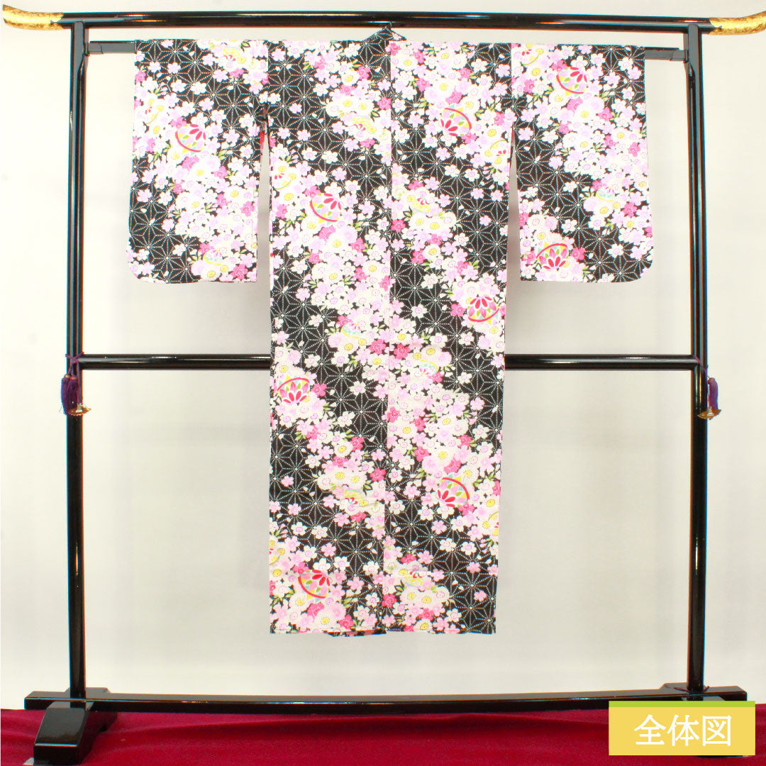 浴衣 木綿 身丈137.5cm 裄丈61.5cm Sランク 単衣 黒系 桜 麻の葉 1118005032110