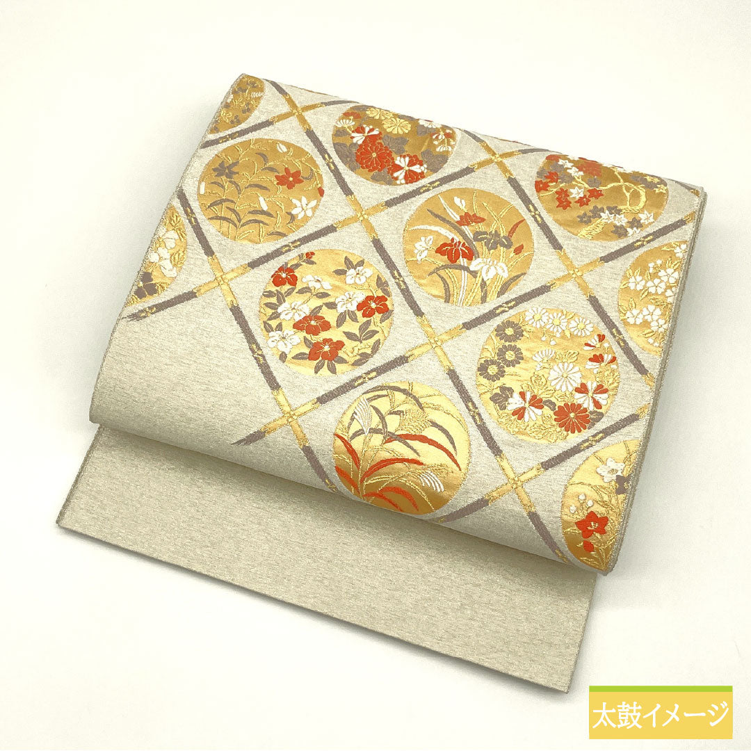 袋帯 正絹 Sランク 天井画 綴れ織 花紋 帯丈424cm ポイント柄 フォーマル 銀系 1123016822322