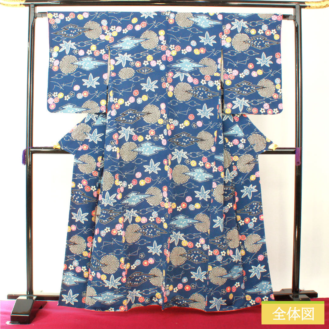 小紋 正絹 身丈162cm 裄丈65cm 袷 鉄葡萄色(てつぶどういろ) 京紅型 吉祥文様 Aランク 紺系 1115004453418