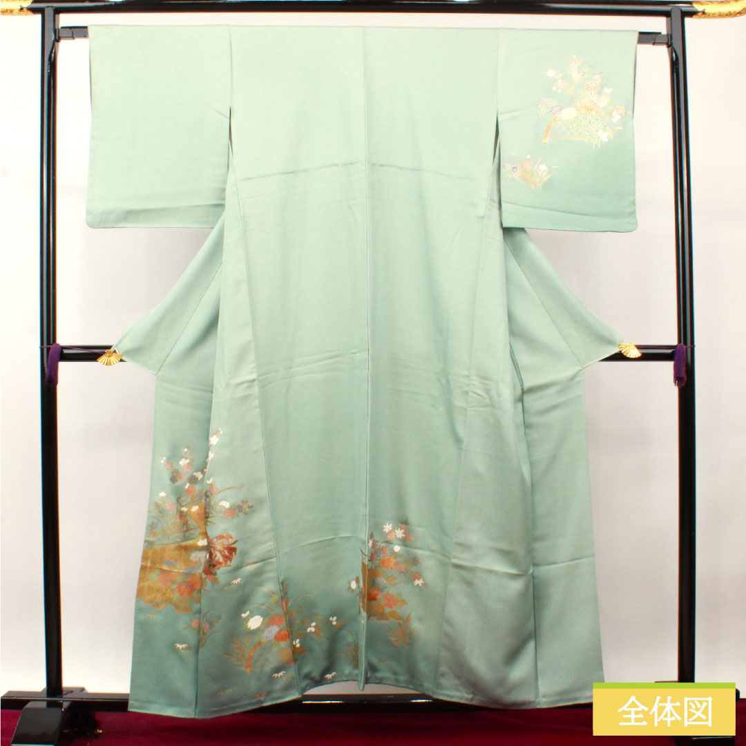 Homongi, pure silk, lined, length 156.5cm, sleeve length 64cm, light blue, gold leaf finish, auspicious motif, A rank, light blue, 1112003523324