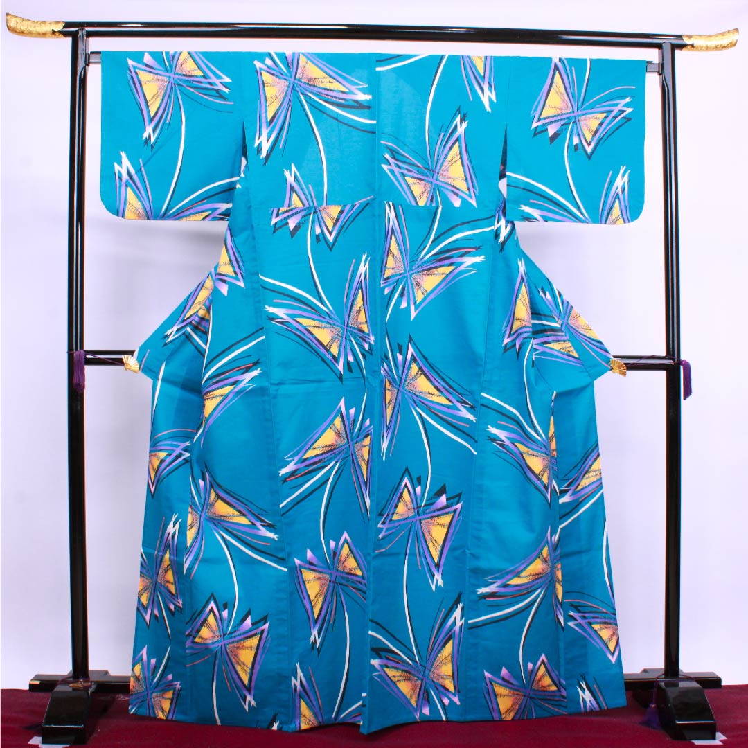 浴衣 錆浅葱色 蝶 木綿 Sランク 単衣 身丈167cm 裄丈68.5cm 青系 1118004282517