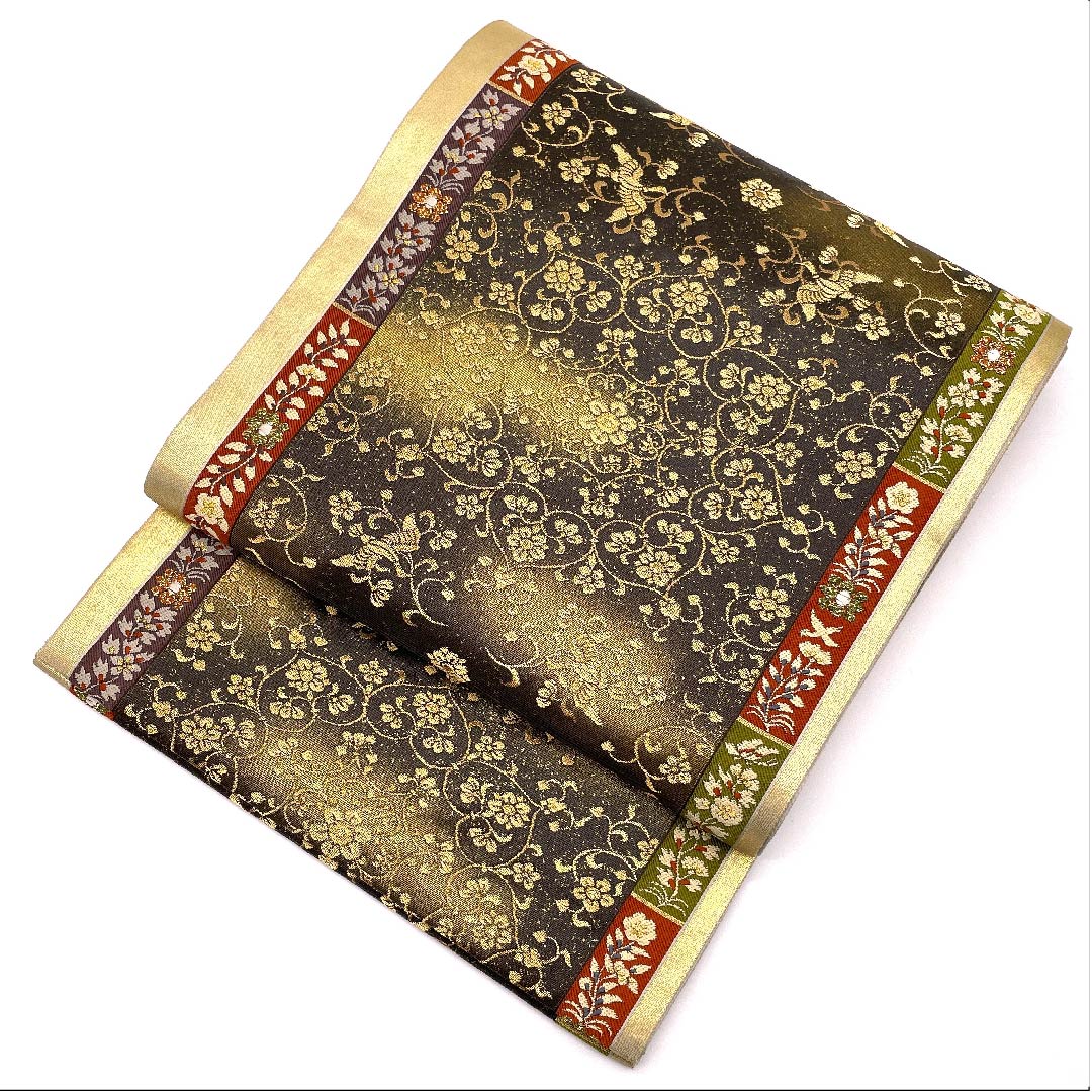 袋帯 金色 華紋 鳳凰 加納幸 帯丈438cm 正絹 Sランク 六通 フォーマル 金系 1123006132321