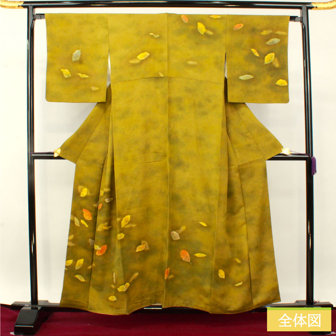 訪問着 正絹 袷 身丈157cm 裄丈66cm 青宣徳色(あおせんとくいろ) 濡れ描き 落葉模様 Aランク 緑系 1112004853319