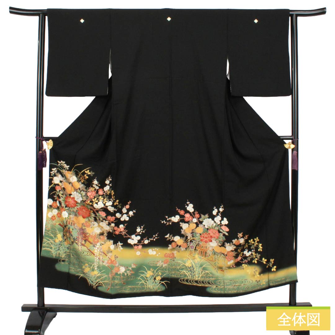 黒留袖 正絹 Aランク 身丈152cm 裄丈62.5cm 袷 京友禅 花車 吉祥文様 五つ紋 角立四ツ目 比翼付き 五つ紋 黒系 1111002333210