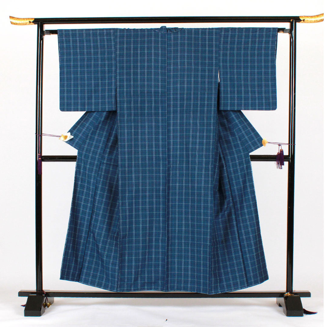 紬 身丈155cm 裄丈63.5cm 格子 正絹 Sランク 袷 紺系 1116001492318