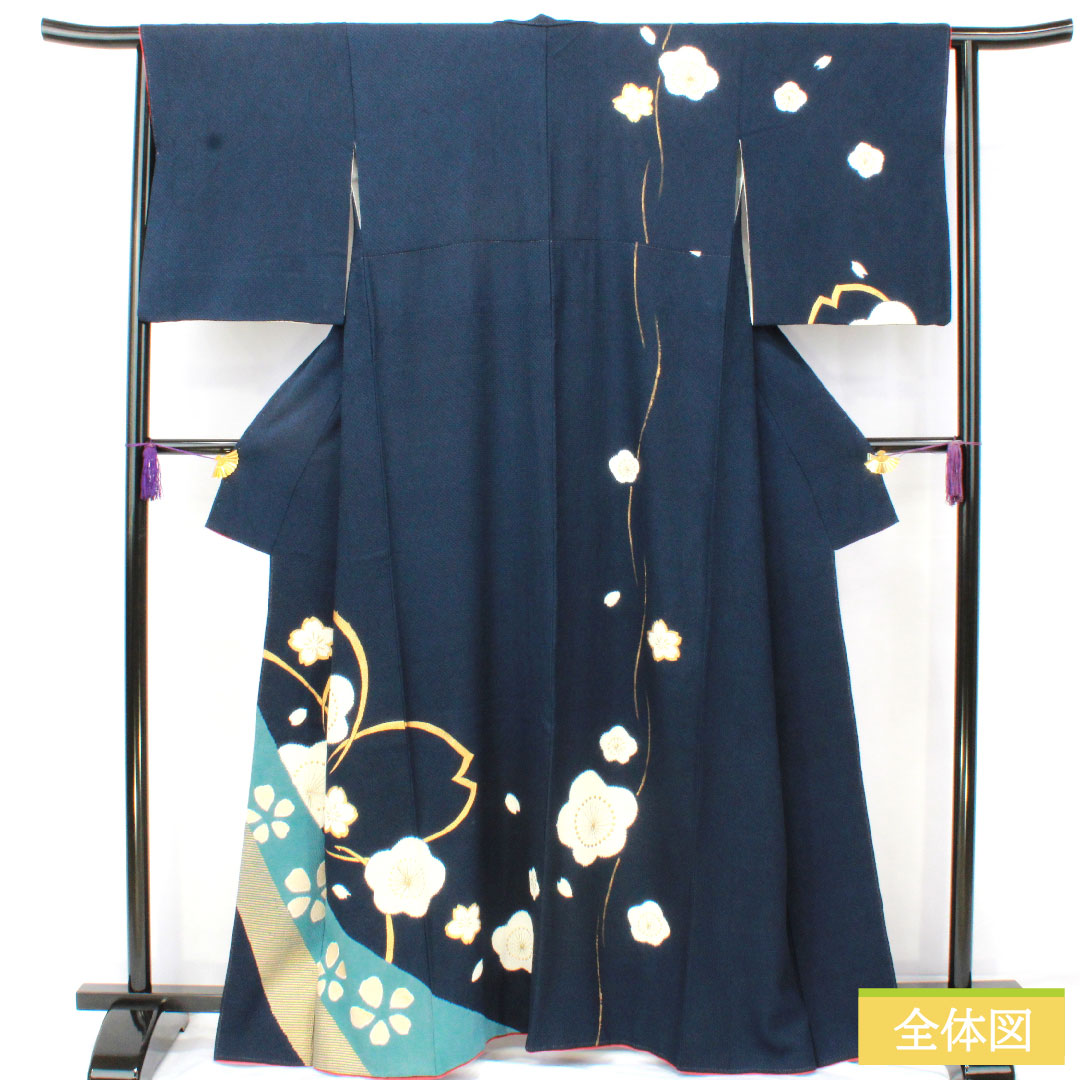 訪問着 正絹 袷 身丈162.5cm 裄丈62cm 紺鉄色(こんてついろ) 梅 桜 Bランク 紺系 1112005634418