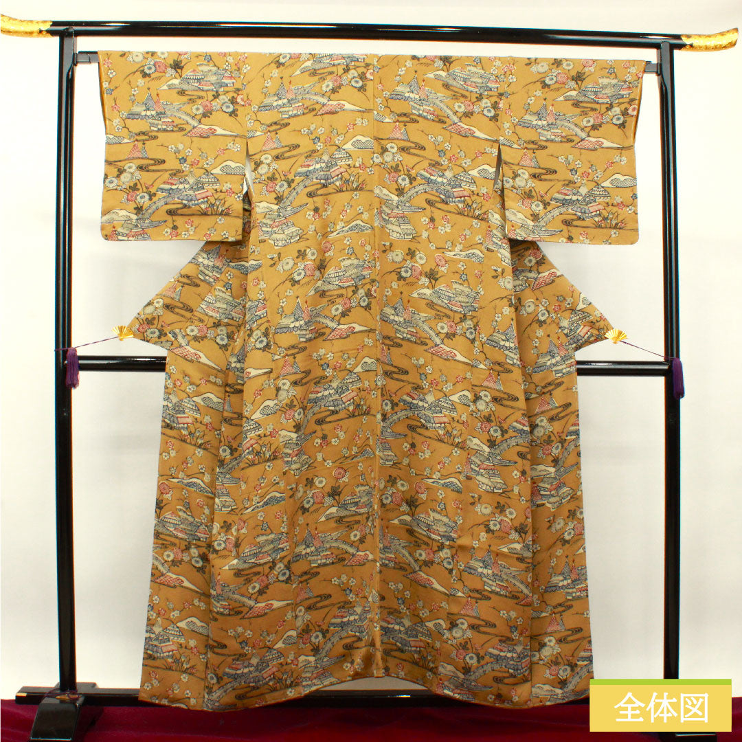 小紋 正絹 身丈154.5cm 裄丈67cm 袷 猟虎色 京紅型 茶屋辻 しつけ糸付き Sランク 茶系 1115003702214