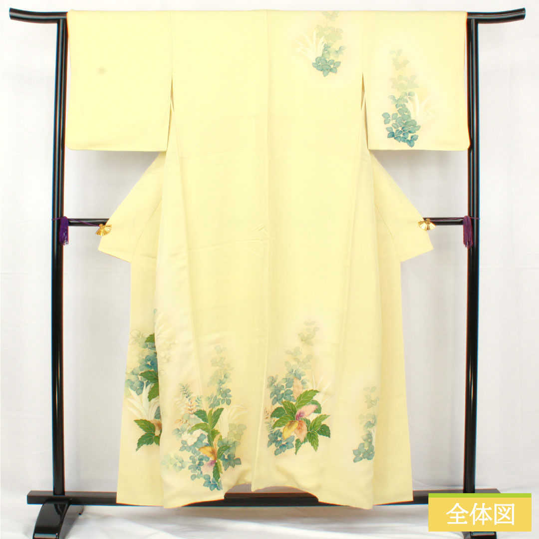 訪問着 正絹 袷 身丈156.5cm 裄丈63cm 淡黄色(たんこうしょく) 京友禅 草花模様 Aランク 黄系 1112005393323