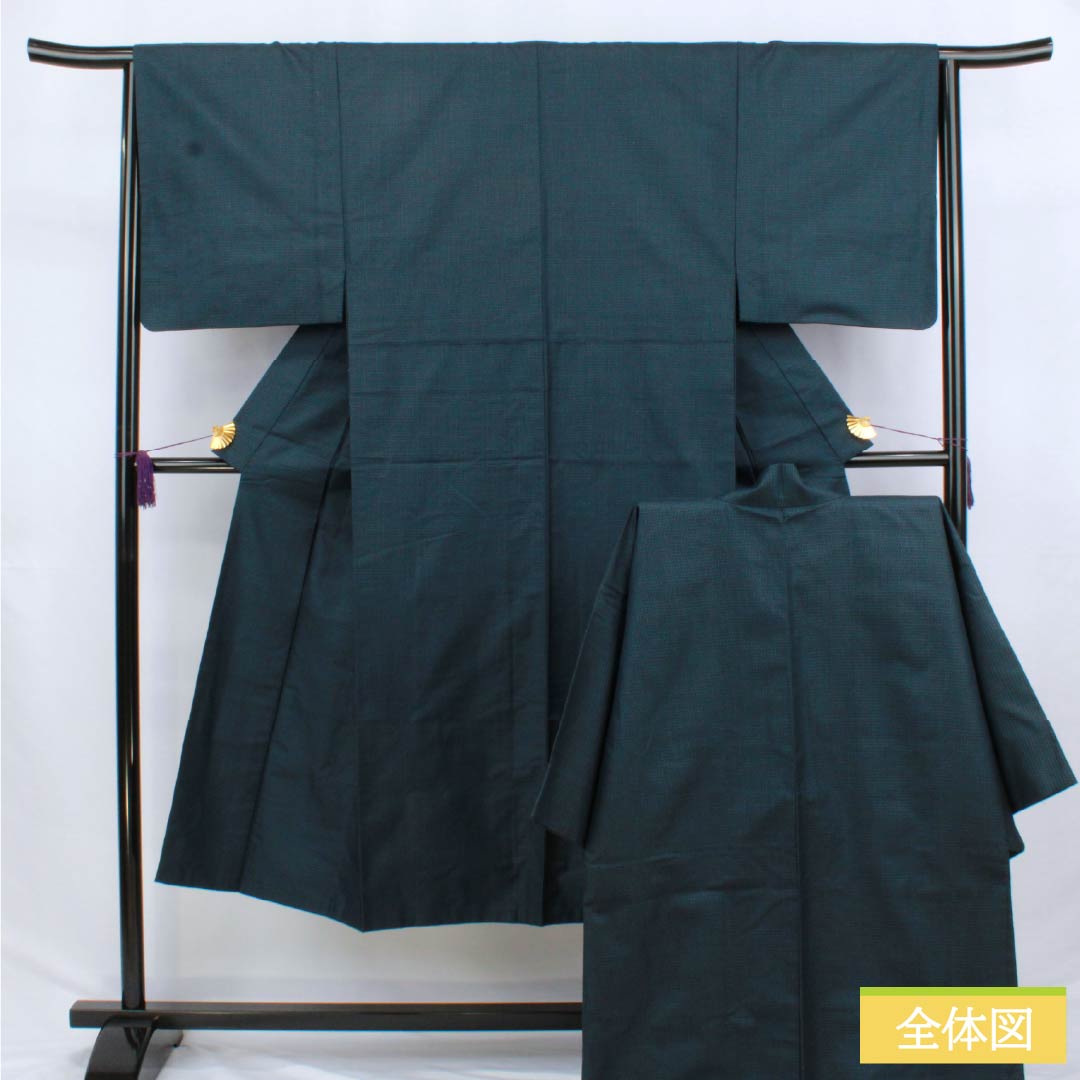 男物 正絹 Sランク 身丈139.5cm 裄丈64cm 伯林青色(べれんすいろ) 幾何学模様 アンサンブル 羽織紐付き 袷 青系 1119001302317