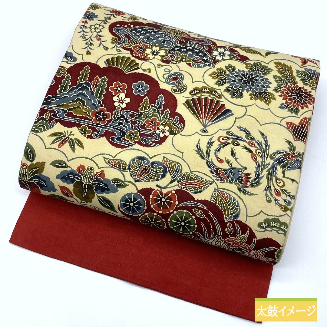 名古屋帯 牙黄色(げおういろ) 京紅型 雲取り 花模様 帯丈348cm 正絹 Sランク 六通 カジュアル クリーム系 1124007642315 名古屋仕立て