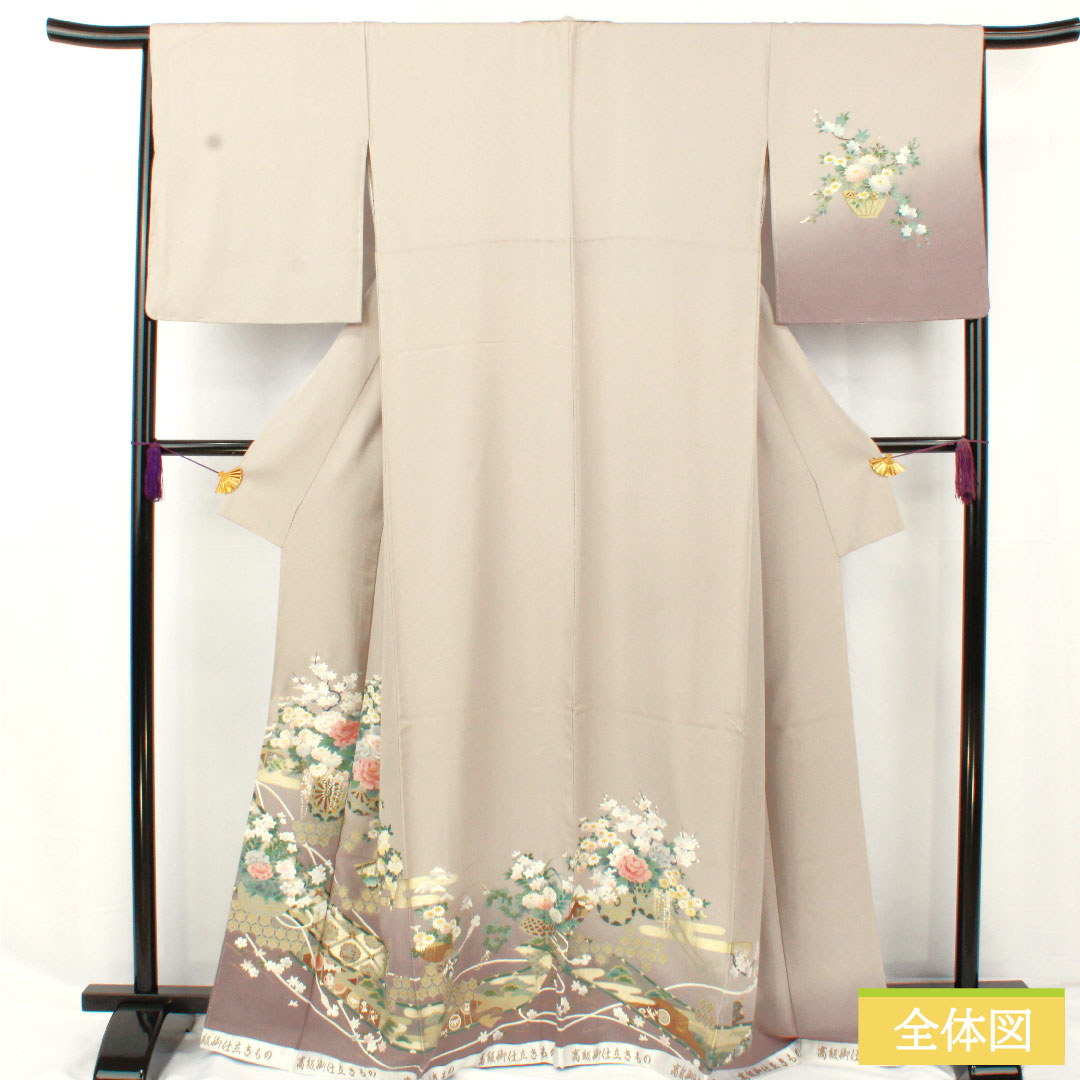 訪問着 正絹 袷 身丈165cm 裄丈66.5cm 小町鼠色(こまちねずいろ) 京友禅 花車 古典柄 しつけ糸付き 未使用品 Sランク グレー系 1112005832522