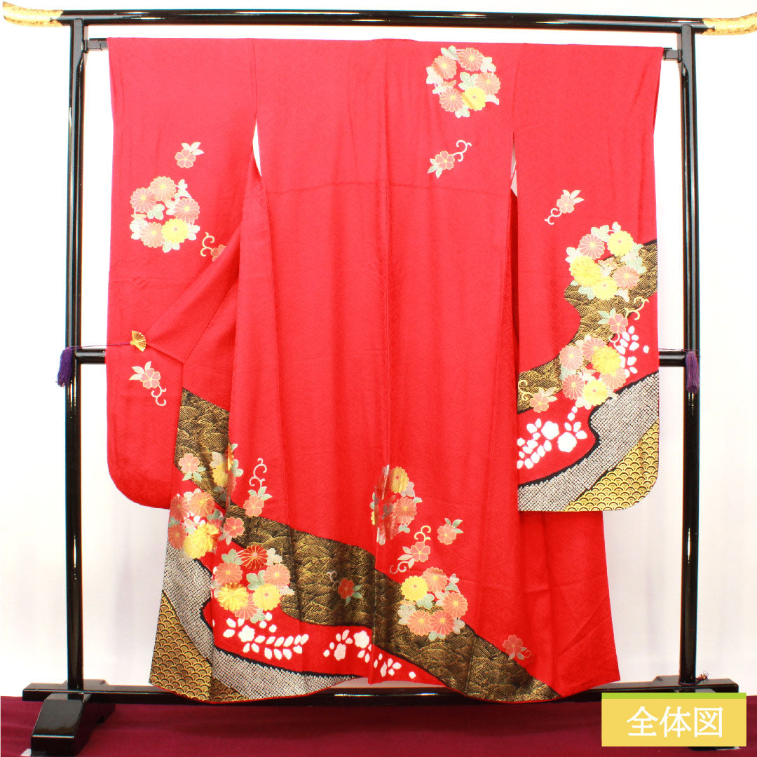 振袖 正絹 身丈154.5cm 裄丈66cm 袷 土耳古赤色(とるこあかいろ) 京友禅 菊 Aランク 赤系 1113001983212