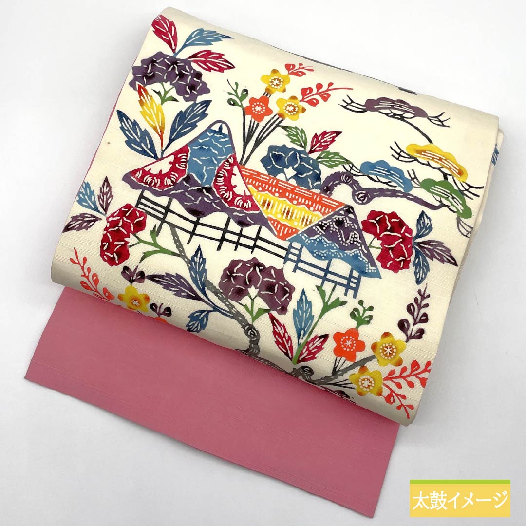 名古屋帯 中紅花色(なかのくれないいろ) 京紅型 紬地 紅型調模様 帯丈359cm 正絹 Aランク 六通 カジュアル クリーム系 1124007333315 名古屋仕立て