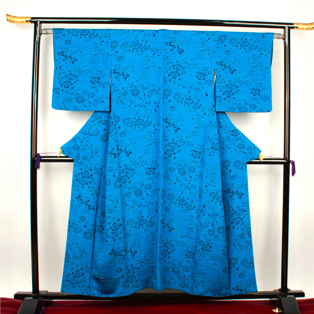 小紋 身丈155cm 裄丈64.5cm 袷 紺碧色 京紅型 草花模様 正絹 Sランク 青系 1115002182317