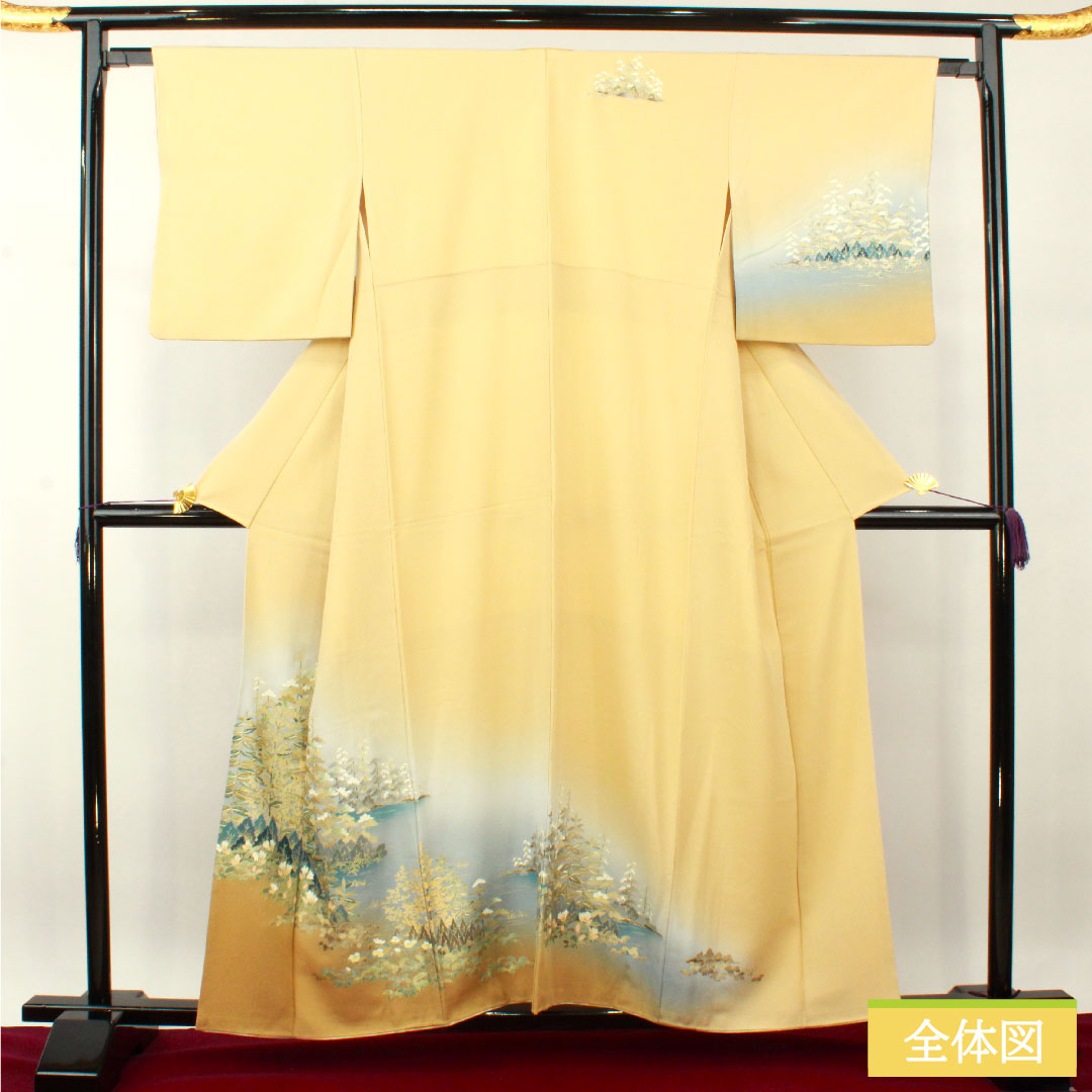 訪問着 正絹 袷 身丈158.5cm 裄丈64cm 東京白茶色 金彩加工 風景模様 Sランク ベージュ系 1112003662325