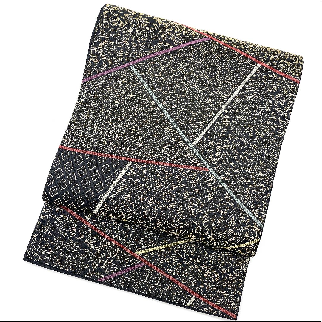 袋帯 黒色 切り嵌め風 七宝 更紗 亀甲 帯丈432cm 正絹 Sランク 六通 カジュアル 黒系 1123008832310