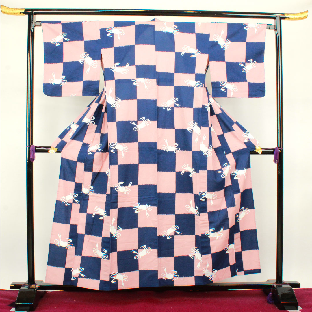 浴衣 市松 カニ 木綿 Aランク 単衣 身丈157cm 裄丈66.5cm グラデーション系 1118002953399