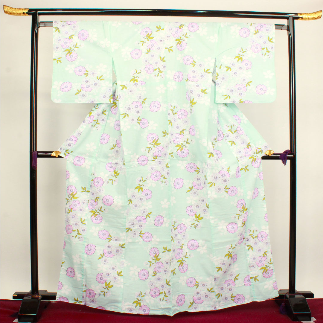 浴衣 瓶覗色 桜 木綿 Sランク 単衣 身丈166cm 裄丈65cm 水色系 1118002642524