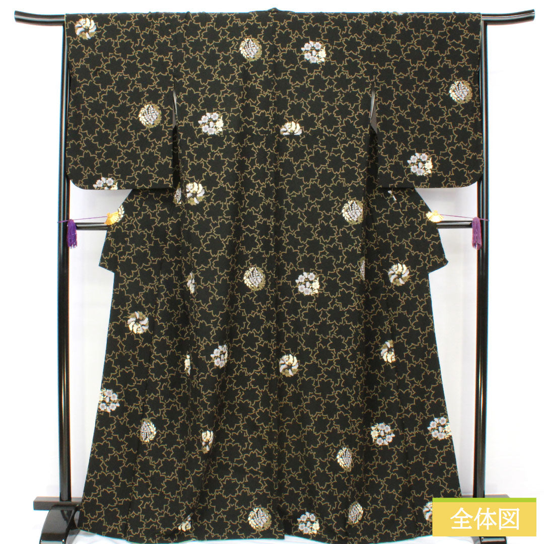 小紋 ポリエステル 身丈166.5cm 裄丈67cm 袷 洗える着物 桜 花模様 Sランク 黒系 1115004952510