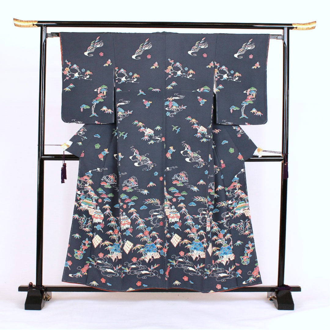 訪問着 袷 身丈157cm 裄丈64cm 型染 正絹 Sランク 紺系 1112000602318